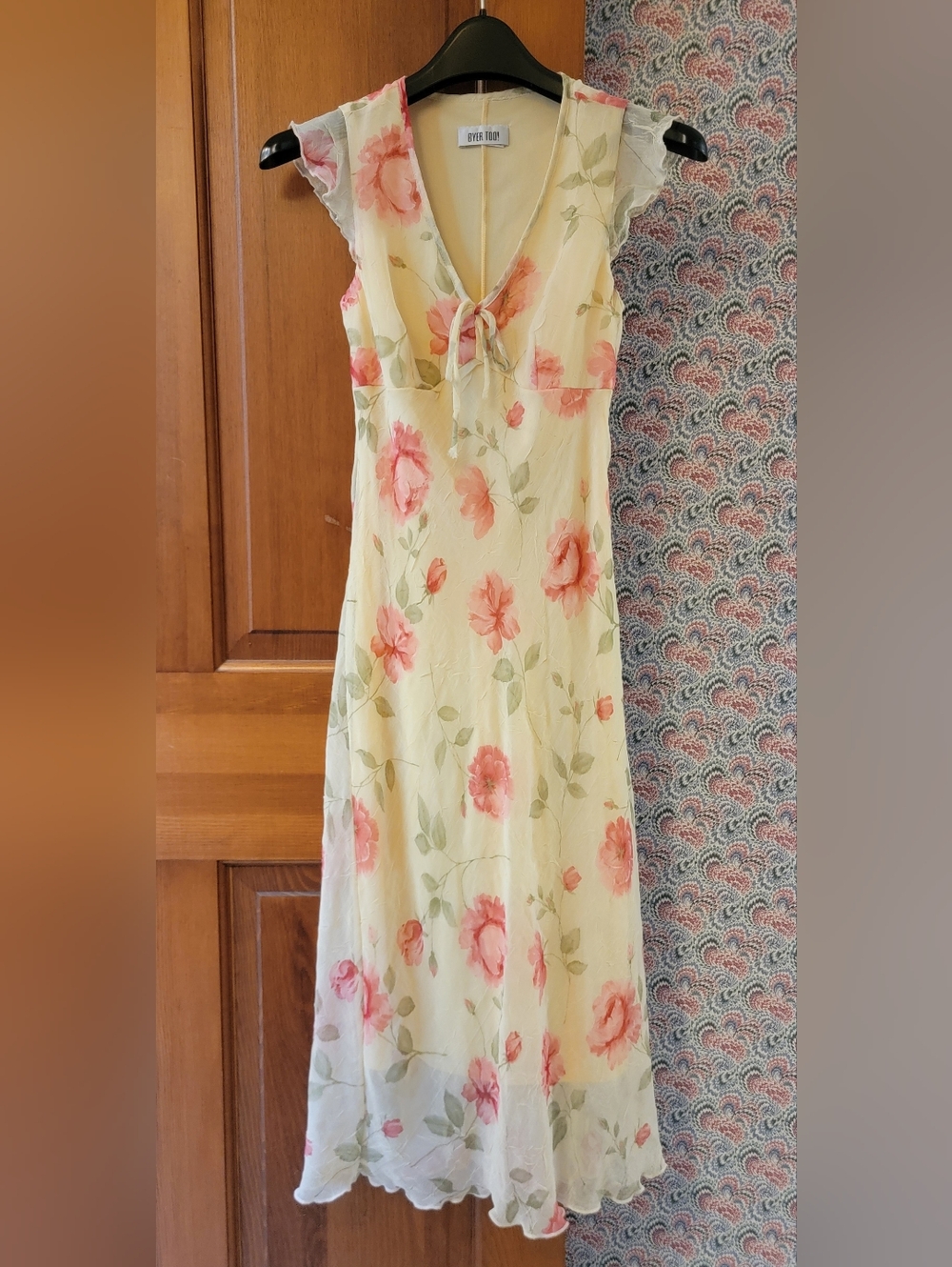 Vintage 90s Y2K Byer Too! Yellow Floral Sheer Overlay Midi Dress Fairycore Sz 9